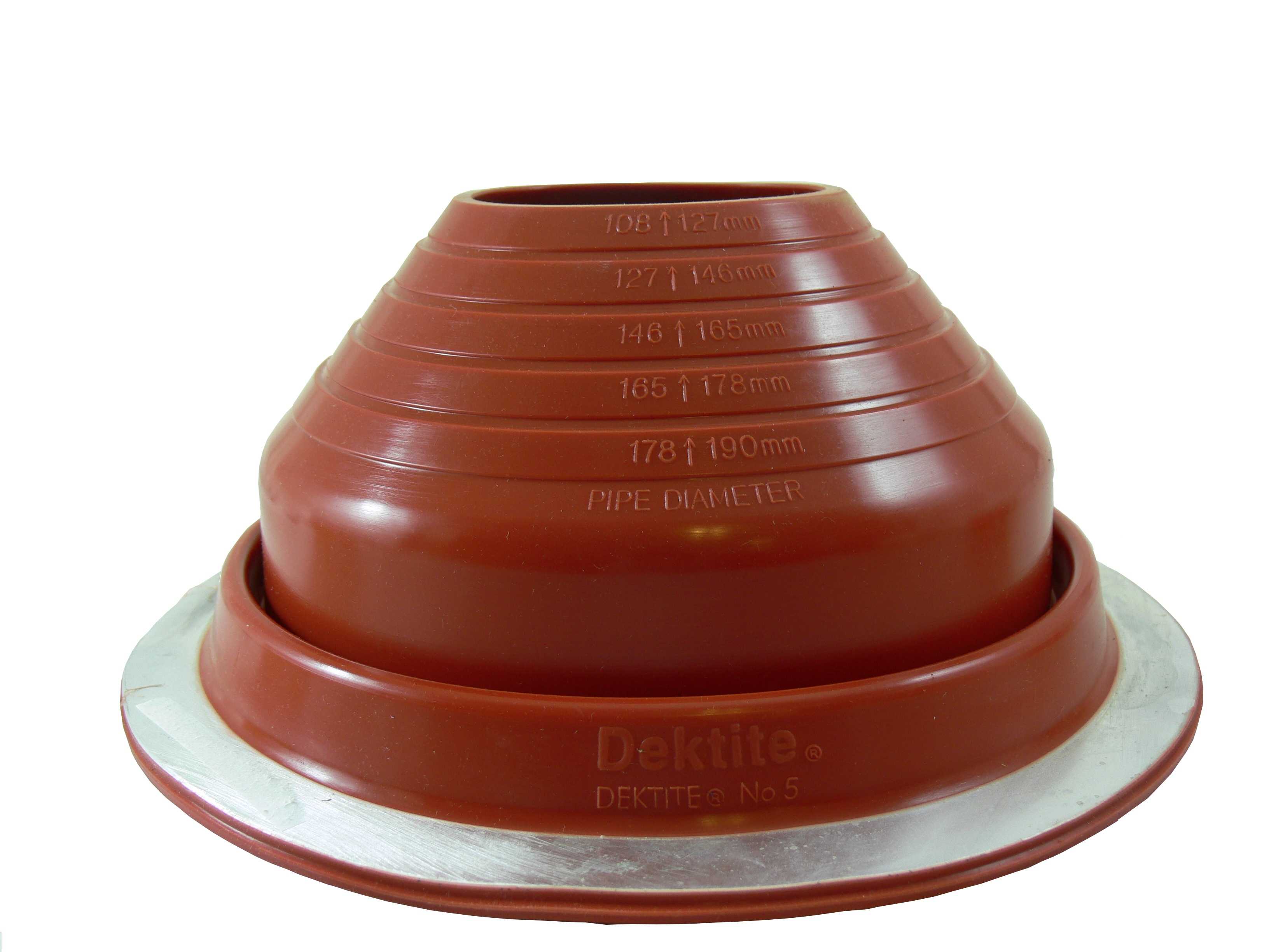 DEKTITE ROUND BASE METAL ROOFING PIPE FLASHING BOOT: #5 RED High Temp Silicone Flexible Pipe Flashing Dektite (for OD pipe sizes 4' - 7') - Metal Roof Jack Pipe Boot - Metal Roofing Pipe Flashing