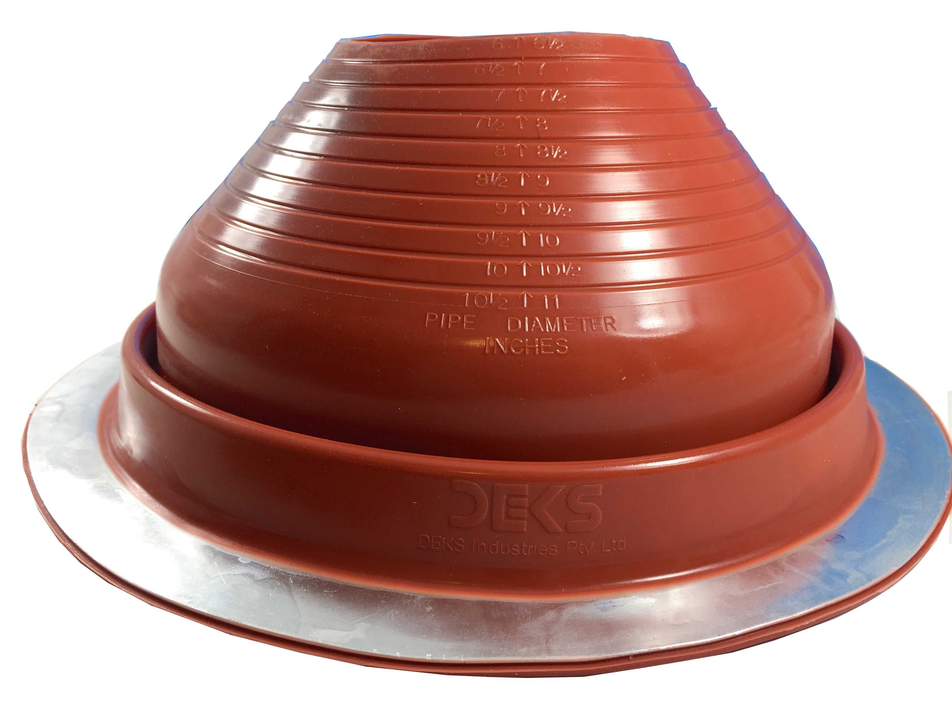 DEKTITE ROUND BASE METAL ROOFING PIPE FLASHING BOOT: #7 RED High Temp Silicone Flexible Pipe Flashing Dektite (for OD pipe sizes 6' - 11') - Metal Roof Jack Pipe Boot - Metal Roofing Pipe Flashing