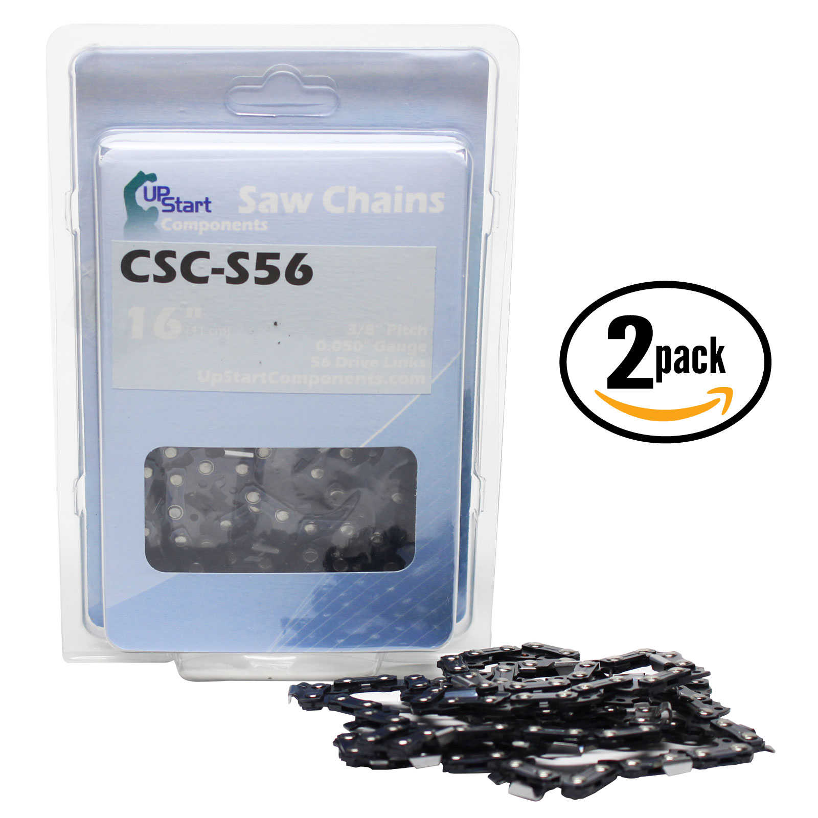 2-Pack 16' Semi Chisel Saw Chain for Oregon 91PX056G Chainsaws - (16 inch, 3/8' Low Profile Pitch, 0.050' Gauge, 56 Drive Links, CSC-S56)